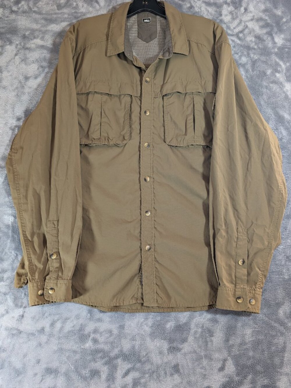 REI Co-op Mens XL Khaki Nylon Sahara Long Sleeve Convertible Hiking Camp Shirt